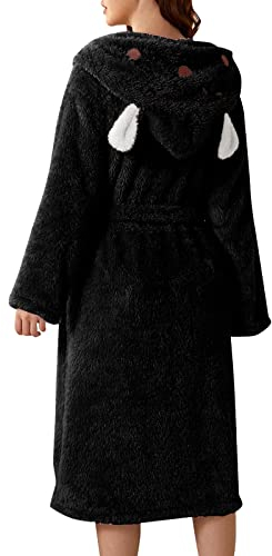 Bademantel Damen Doppelseitiger Flanell Doppelte Tasche Morgenmantel Lang Kleidung Schärpen Reisebademantel 3D-Ohrenkappe Weiche Pyjamas Flauschig Bathrobe Personalisiert Saunamantel Weicher Frauen