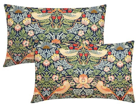 Salbeigrün Blaugrün Floral Lendenkissen Kissenbezüge 30,5 x 50,8 cm Vintage Bunte Blumen Vögel Rot Erdbeere Dekorative Kissenbezüge Set von 2 Chinoiserie Kissen Fall Heimdekoration für Sofa Couch
