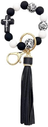 Phamines Armband für Damen, Silikon/Holz, Kreuz, Leopardenmuster, Perlenarmband mit PU-Quaste, Schlüsselhalter, Schwarz, Einheitsgröße