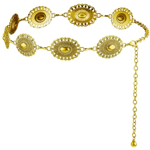 Andibro Damen Boho Kettengürtel, Metall Concho Taillenkettengürtel verstellbarer Cowgirl Gürtel Vintage Legierungsgürtel Country Konzert Outfit für Kleid (Gold)