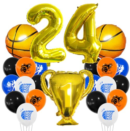 Houhounb Basketball Luftballon Set 24 Jahr Jungen Geburtstagsdeko Zahl 24 Ballon FolienBallon Basketball Druck Ballon Trophäe Ballon für 24. Geburtstag Party Dekoration