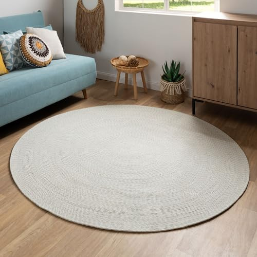 Steffensmeier Handweb Teppich Bali | 100% Baumwolle, Grün Creme, handgefertigt, Größe: Ø 120 cm | Flur, Eingangsbereich, Wohnzimmer