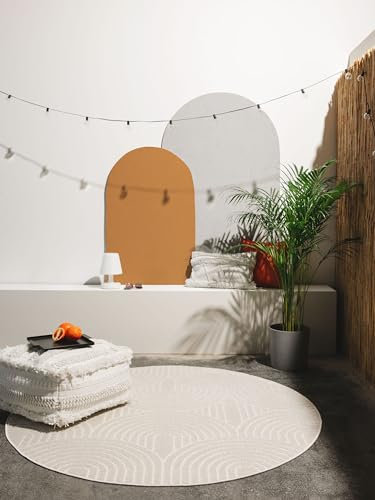 benuta Pop In- & Outdoor Teppich Mars - Creme Rund 160 cm - Geometrischer Relief Wohnzimmerteppich - Leicht zu Reinigen - Strapazierfähig - Fußbodenheizung Geeignet