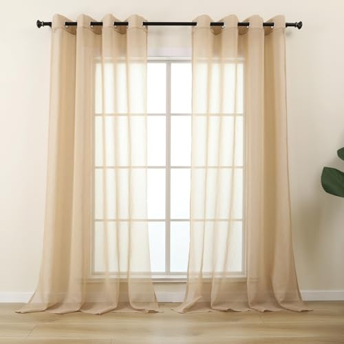 L.Z.E Gardine Beige für Wohnzimmer Fenster, Transparenter Vorhang mit Ösen Kurz, Sand Gardinen Vorhänge für Schlafzimmer Küche, 2er Set Leinenoptik Schiene Schals Durchsichtig Modern 175 cm
