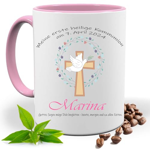 Kommunion Geschenk, bedruckte Tasse personalisiert mit Namen und Datum, Kreuz Taube, Symbole |Geschenk Idee| Kaffee Tee Tasse | Fototasse, Motivtasse | Teetasse |Keramik (Rosa)
