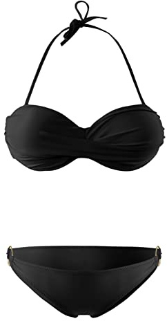 Generisch Twist Push Up Bandeau Bikini mit Niedriger Taille Ring Cutout Tanga Bademode Bauchweg Badeanzug(Schwarz, XL)