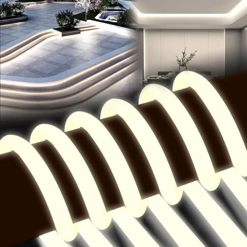 BRIMETI Neon LED Streifen 20M Aussenbereich 320° Glühen Rund Neon Strip Wasserdicht IP65 230V Outdoor Flexibler DIY Lichtband für Innen Küche Deko,mit Einem Netzteil und Controller (Natürliches Weiß)