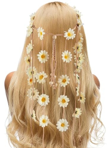 craspire 2 Stück Blumen-Stirnband, Blumenkrone, Boho-Sonnenblumen-Stirnbänder, Beiges Gänseblümchen-Kopfstück Mit Verstellbaren Perlen, Haarbänder, Quaste, Hochzeit, Party, Strand, Braut, Dekoratives