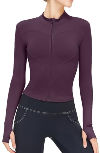 Memoryee Sportshirt Damen Langarm Gym Sport Top Oberteile Activewear Fitness Yoga Trainingsjacke Laufshirt Enge Sportjacke mit Reißverschluss und Daumenloch B-Lila1 M