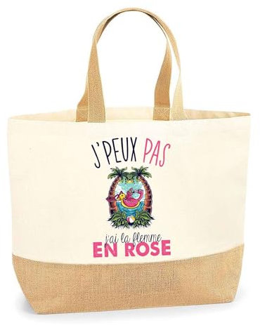 Sac flamant rose flemme J'peux pas | Cabas de Plage Courses Coton et Toile de Jute Idée Cadeau