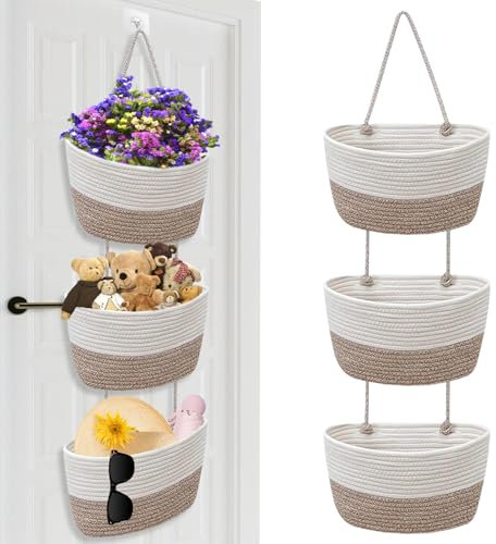Organizer da parete con cestello sospeso a 3 livelli in corda di cotone, organizer da appendere a parete, per soggiorno, bagno, camera da letto (bianco+grigio)