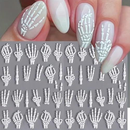 Calkkrer 2 Stück 5D Geprägte Halloween Nagelsticker Schädel Design, Totenkopf Nagelkunst Aufkleber, Halloween Nageldesign Sticker, Gruselige Nagelfolie, Nagel Tattoo Zubehör