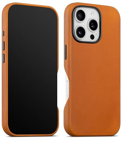 maogoam for iPhone 16 Pro Case Leather 6.3 inch, Compatible With MagSafe, Genuine Vintage Crazy Horse Leather, Metal Buttons & Camera Bump Frame, Indiana-Jones Style, Tan Brown