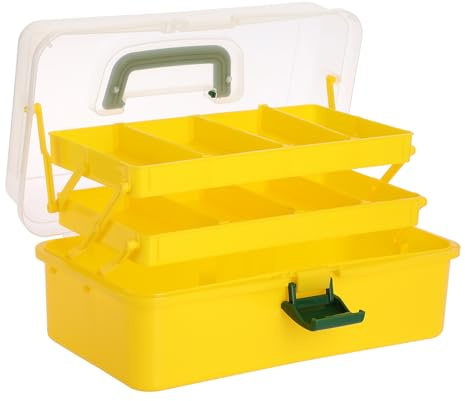 IGNPION 3 Tiers Craft Stackable Storage Box，Plastic Tool Dividers Organiser | 9-compartment, Mulit Purpose Organiser Box for Fishing Tackle, Bead, Arts Crafts, Stationery, Sewing, Medicine, Yellow+Green