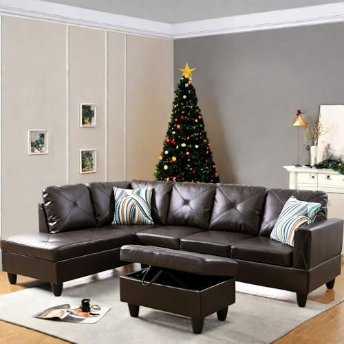 FONTOI L-förmige Sektionalcouch mit Otttomane, 246,4 cm, Leder-Sofa für Wohnzimmer, modulare Sofas mit Getränkehaltern für Schlafzimmer, Wohnungen, Braun
