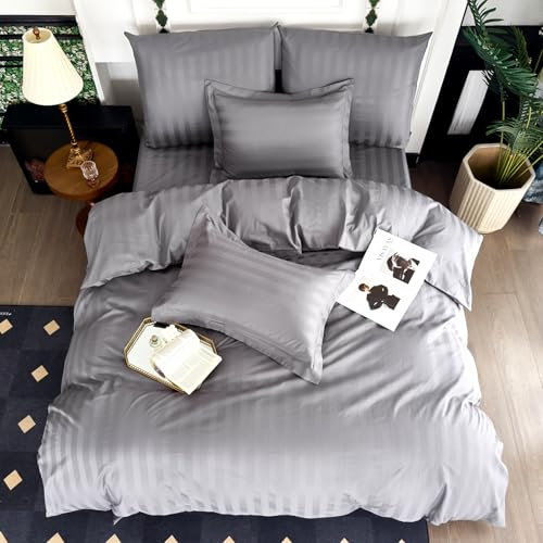 Amolavet Hotel Bettwäsche 200x200 Baumwolle Grau 3teilig Set Bettwäsche 200x200 Mako Satin Baumwolle Damast Streifen Grau mit Reißverschluss für Ganzjährig