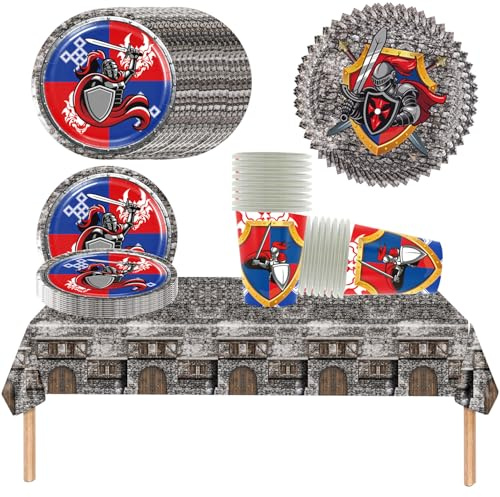 61 pièces de vaisselle de fête médiévale, ensemble de fête médiévale, l'ensemble comprend des assiettes, des tasses, des serviettes, des nappes, fête d'anniversaire, anniversaire