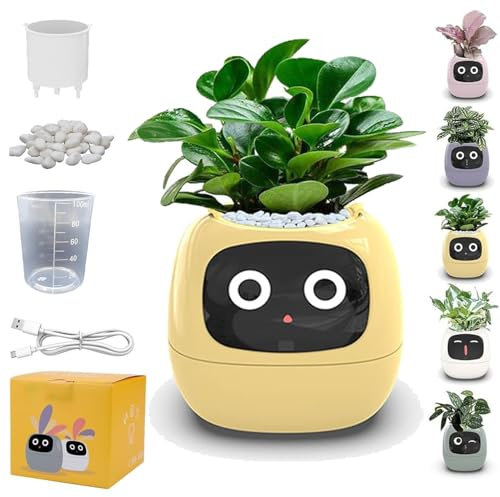 Smart Flowerpots, Smart Pet Planter with Expression, Ai Smart Plant Pot with Expression, Smart Pet Planter Robot Guidance on Plant Care with Emojis, with 7 Smart Sensors & LCD Display (Yellow)