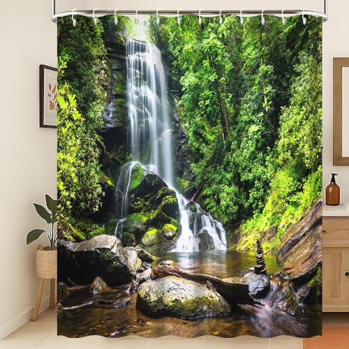 Xiaoterna Natur Duschvorhang Frühling Wasserfall Bad Vorhang Tropischer Dschungel Grüne Waldlandschaft Moos Stone River Waschbarer Duschvorhang Wasserdicht Badezimmer Dekoration 200x180cm