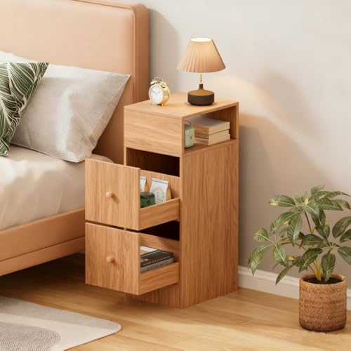 Rainbow Tree 25cm Narrow Bedside Table Walnut with 2 Drawer&Open Shelf, Slim Table Cabinet for Small Space, Nightstand End Side Table for Bedroom (Walnut, 25Wx30Dx66H cm)