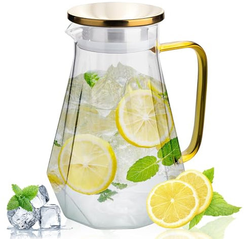 Qudubuy 2L Glass Water Jug with Gold Stainless Steel Lid & Handle, Diamond-Textured Carafe, 67.6oz Pitcher for Juice, Milk, Coffee, Tea, Hot & Cold Beverages, Fridge & Dishwasher Safe (Transparent)