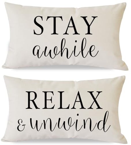 PANDICORN Decorative Throw Pillow Covers 12x20 Inch Set of 2 Stay Awhile Relax & Unwind Outdoor Modern Farmhouse Porch Patio Decorations Lumbar Cushion Cases for Home Living Room Sofa Couch Decor