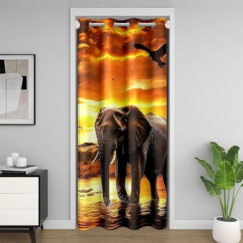 Homewish Rideau de Porte 3D Éléphant Rideau Occultant 86x203 Safari Sauvage Thème Rideaux Porte Éléphant Africain Imprimé Rideaux de Placard Esthétique Nature Paysage