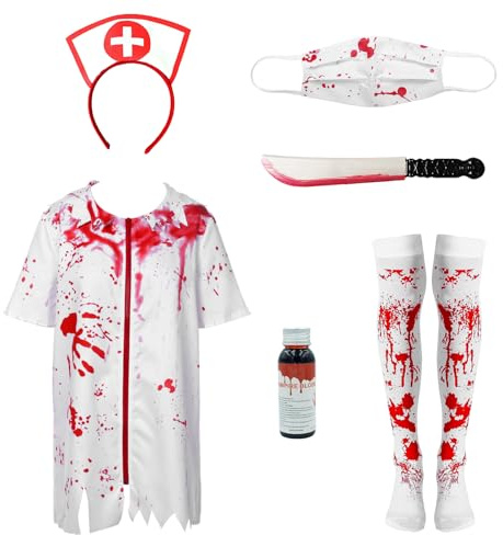 SERTAS Bloody Nurse Costume for Women,Womens Halloween Costumes Adult,NurseCostume with Bloody Machete,Zombie CostumeAdult,Nurse HalloweenCostume,Scary Halloween Costumes (M)