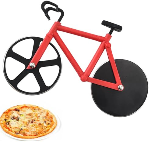 Fahrrad-Pizzaschneider, Fahrrad-Pizzaschneider, Edelstahl, Pizzaradschneider, Dual-Pizzamesser, super scharfe Klingen mit Antihaftbeschichtung & Ständer, Küchenhelfer Partyzubehör, Rot