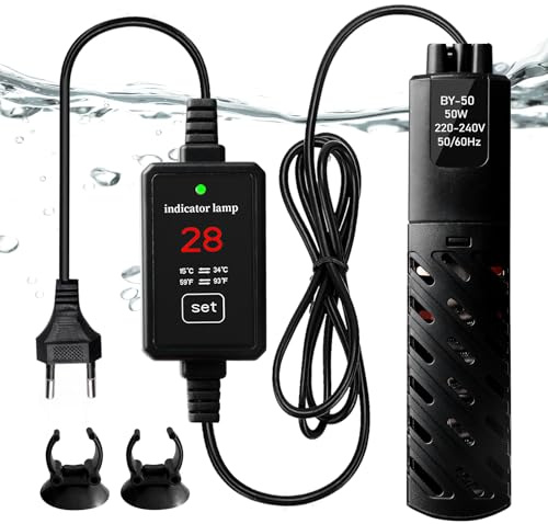 BORDEAG Mini tube chauffant d'aquarium 50 W - Tube en quartz - Chauffage numérique - Contrôleur de chauffage intelligent - Pour aquarium - Noir