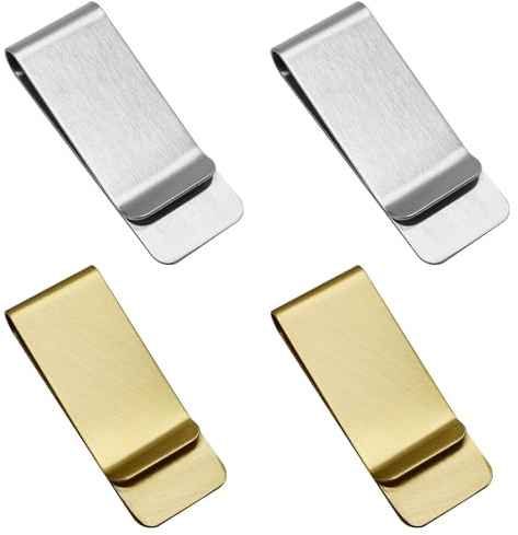 Lot de 4 pinces à billets en acier inoxydable - Pince à billets en métal pour argent, factures, billets, reçus, carte de crédit (argent et doré)