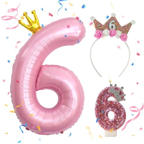 Luftballon 6. Geburtstag Zahl 6 Rosa,Geburtstagskrone,Geburtstagskerzen | Mädchen Geburtstag Luftballon Deko,6th Birthday Party Dekorationen,Geschenk Mädchen 6 Jahre Geburtstag