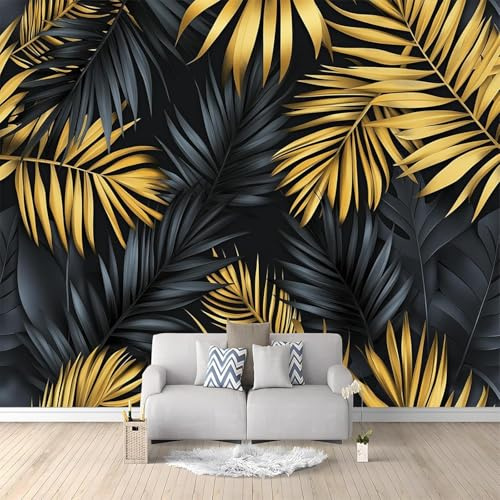 Mural Wallpaper Tropical Palm Leaves, 3D Panoramic Photo Wallpaper Gold and Black Palm Leaves Non-Woven Murals 250x175 cm Art Print Wall Mural Bedrooms Living Room Modern Design Poster Picture q.5463