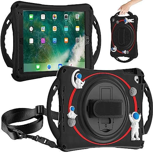 Anti-Vergilbungs-Tablet-Hülle, stoßfest, Kinder-Schutzhülle für iPad Air/AIR2/PRO9.7 (2017/2018), eingebauter 360° drehbarer Standgriff und kommt mit einem Gurt, leicht, stoßfest, Silikon für (schwarz