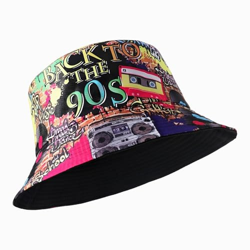 Halinuia Retro 90er Hip Hop Fischerhut faltbar Sonnenhut für Damen Herren | Doppelseitiges Design mit 90er Graffiti Print Atmungsaktiv Ideal für Outdoor Strand Angeln Alltag für Frauen und Männer