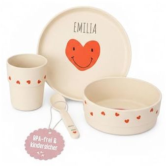 wunderwunsch Personalisierte Kinderteller Lässig, Baby Geschirrset | Kindergeschirr mit Namen, Babyteller, Mädchen, Jungen, Kleinkind Saugnapf Teller Tasse Set, Essen, Keramik, rutschfest