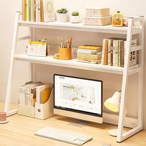 Schreibtischregal Aus Holz & Metall,2 Etagen Regal Desk Shelf,Aufbewahrungsregal for Büro,Homeoffice & Wohnzimmer -Bücherregal Klein for Schreibtisch & Kommode(White,95cm/37.4in)