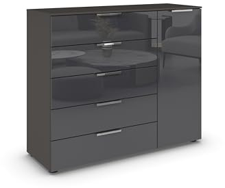 Rauch Möbel Flipp, Kommode, Farbe Glas Basalt/Graphit, Breite 120 cm | Sideboard, 1-türig, 5 Schubladen, Soft-Close-Funktion, für Schlafzimmer, Gästezimmer, Wohnzimmer, Garderobe, Flur