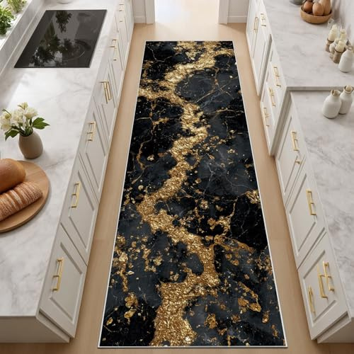 küchenteppiche - Marmor Rugs for Living Room - Schwarz und Gold Läufer Flur Rutschfest, Teppich Küche Waschbar, Abstrakt Blattgold Kurzflor Teppich 60x120 cm, Bettvorleger Schlafzimmer Teppisch