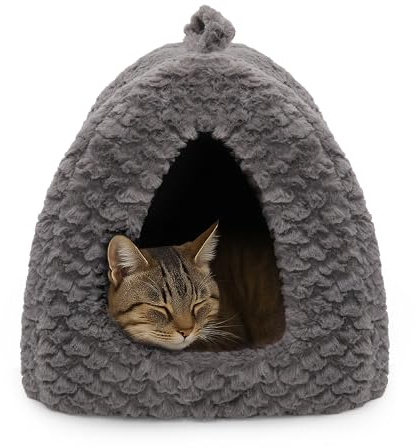Rosewood 40 Winks One size cat bed for indoor cats,kittens,puppies and small dogs,machine washable,removable inner cushion,plush cat igloo cave bed,grey,pink, 40x40x38cm(approximately 16x16x15 inches)