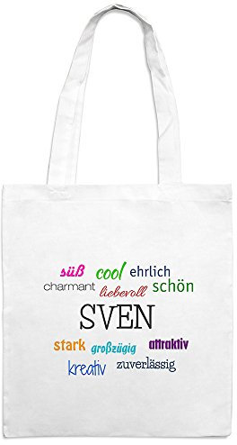 Jutebeutel mit Namen Sven - Motiv Positive Eigenschaften - Farbe weiß – Stoffbeutel, Jutesack, Hipster, Beutel