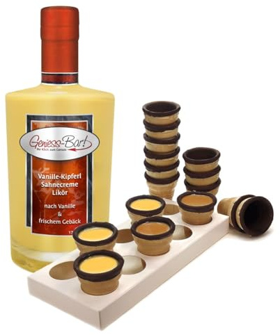Vanille Kipferl Likör 0,5L Sämig & süffig mit 8 Waffelbechern & Becherhalter17% Vol Sahnelikör Geschenk