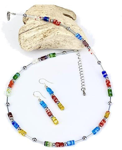 Handgemachte Murano Glas Perlen Kette mit Hämatit Perlen und Glas Stiftperlen, sowie einem Edelstahl Verschluss Unikat