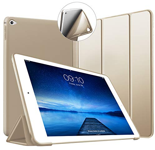 VAGHVEO Hülle für iPad Air 2 9,7 Zoll 2014 Dünne Leichtgewicht Ständer Schutzhülle [Auto Schlafen/Wecken] mit Flexibel Weicher TPU Rückseite Cover Leder Hüllen für Apple iPad A1566 / A1567, Gold