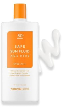 THANKYOU FARMER Safe Sun Fluid AGE 0880 SPF50+ PA++++ | Reef Safe, Face & Body, Sensitive Skin | 3.51 Fl Oz (100ml)