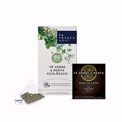 LA TETERA AZUL Té Verde Y Menta Ecológicos. Infusión Orgánica En Pirámides. Té Moruno Estilo Árabe y Marruecos. Té Verde & Menta. 20 Pirámides.