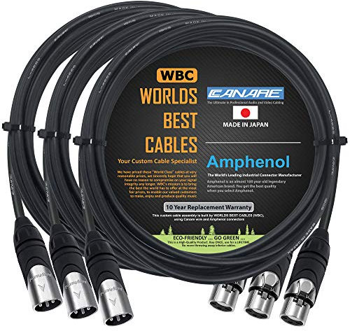 3 Units - 3 Meter - Canare L-4E6S, Star Quad Balanced Male to Female Microphone Cables with Amphenol AX3M & AX3F Silver XLR Connectors - Custom Made by WORLDS BEST CABLES