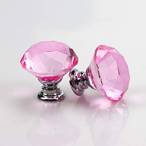 Door Knob Crystal Glass Furniture Cabinet Knobs Screw Included Drawer Pull Handle, Pink Home Decoration Silver Base 40mm 4pcs (Screw Included: M4*22mm Standard)