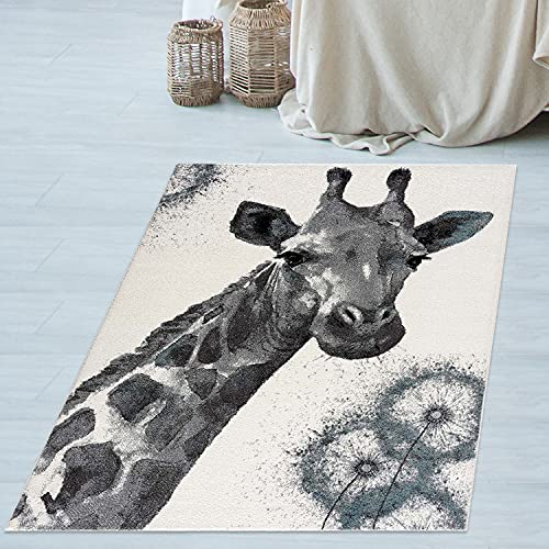 payé Teppich Kinderzimmer - Blau - 120x160cm - Giraffe Kurzflor Teenagerteppich Schlafzimmer Carpet - Wohnzimmerteppich - Dschungel Deko Mädchen Junge Baby