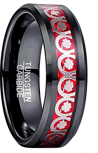 Vakki Ring für Männer 8mm Schwarz und Rot Wolfram Ringe mit Kleeblatt Hufeisen und Opalpapier Inlay für Hochzeit Versprechen Freundschaft Größe 62(19.7)